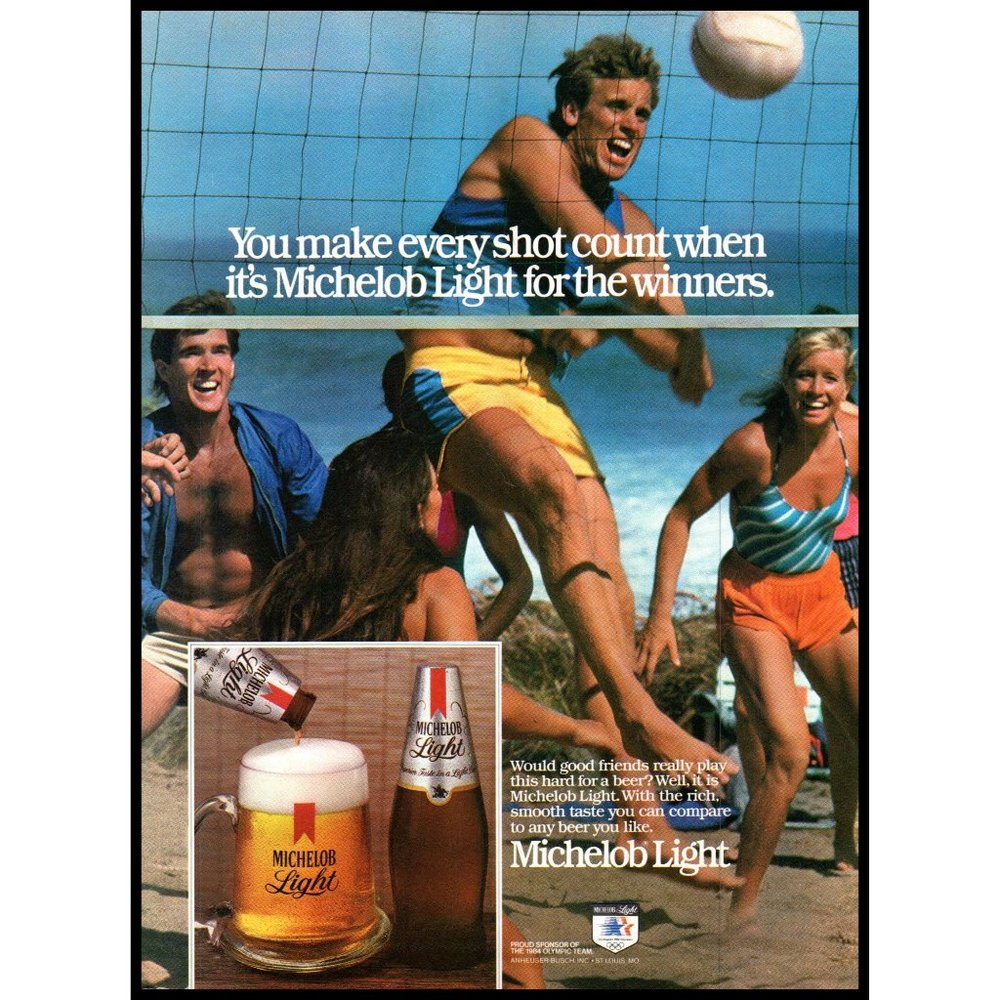 1983 Michelob Light Beer Vintage Print Ad Beach Volleyball Spike Wall Art Photo